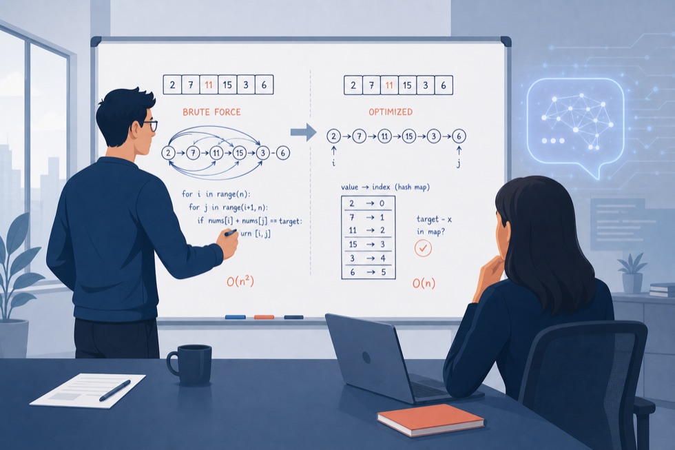 Engineer thinking through a problem on a whiteboard during a technical interview